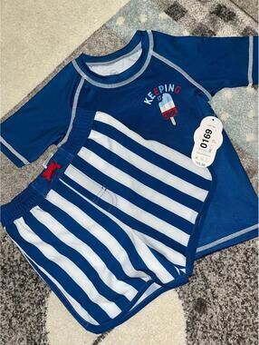 3T Boys 2-Piece Rash Guard Swimsuit Set NWT | UPF 50+ Blue Striped Swim Trunks